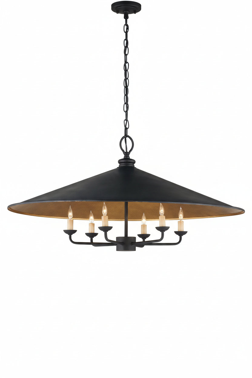 Currey and Company Brussels 6 Light Chandelier with Large Wrought Iron Shade